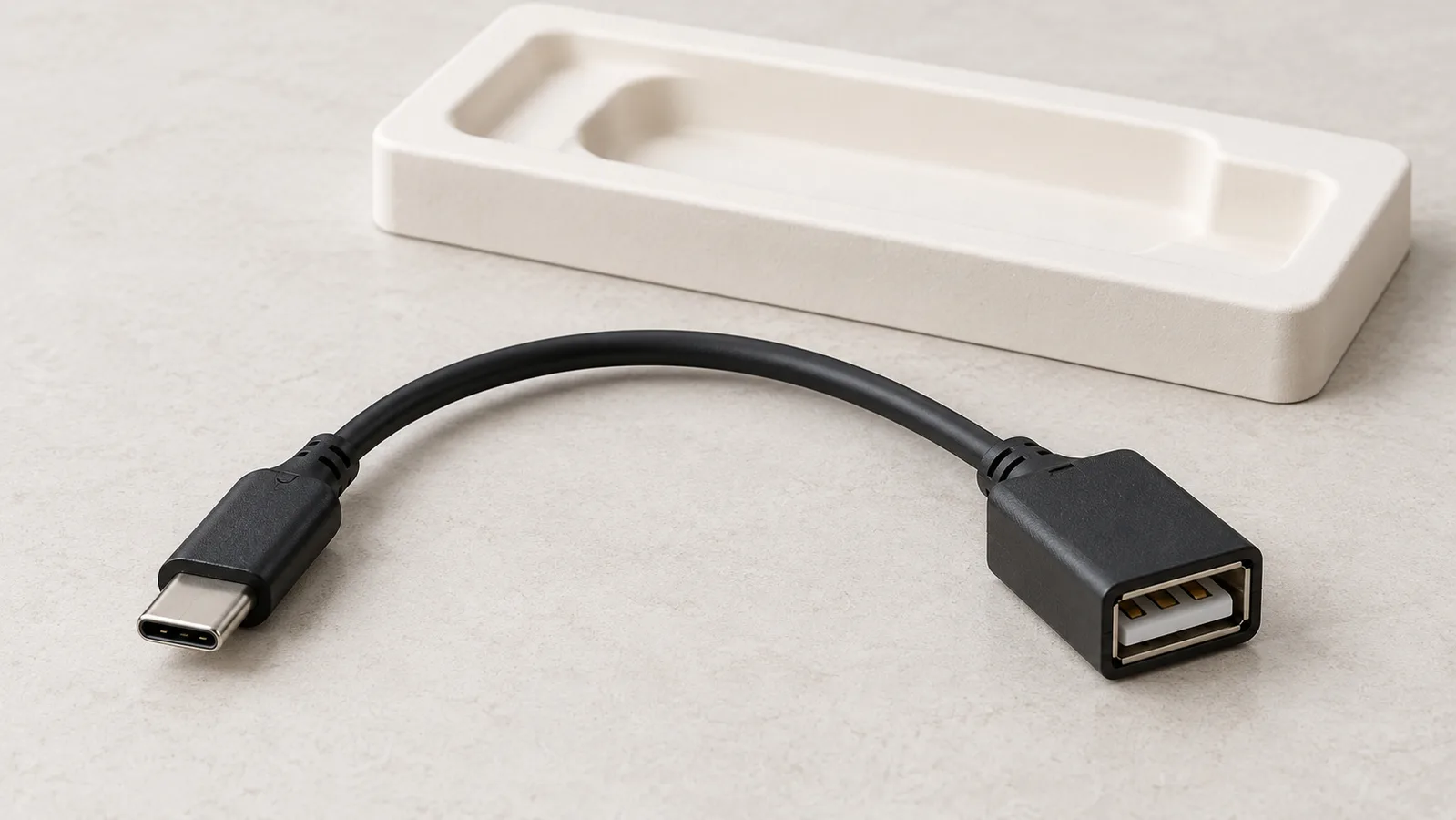 Стандартный USB-кабель-адаптер, оба конца которого видны на нейтральной контрольной поверхности.