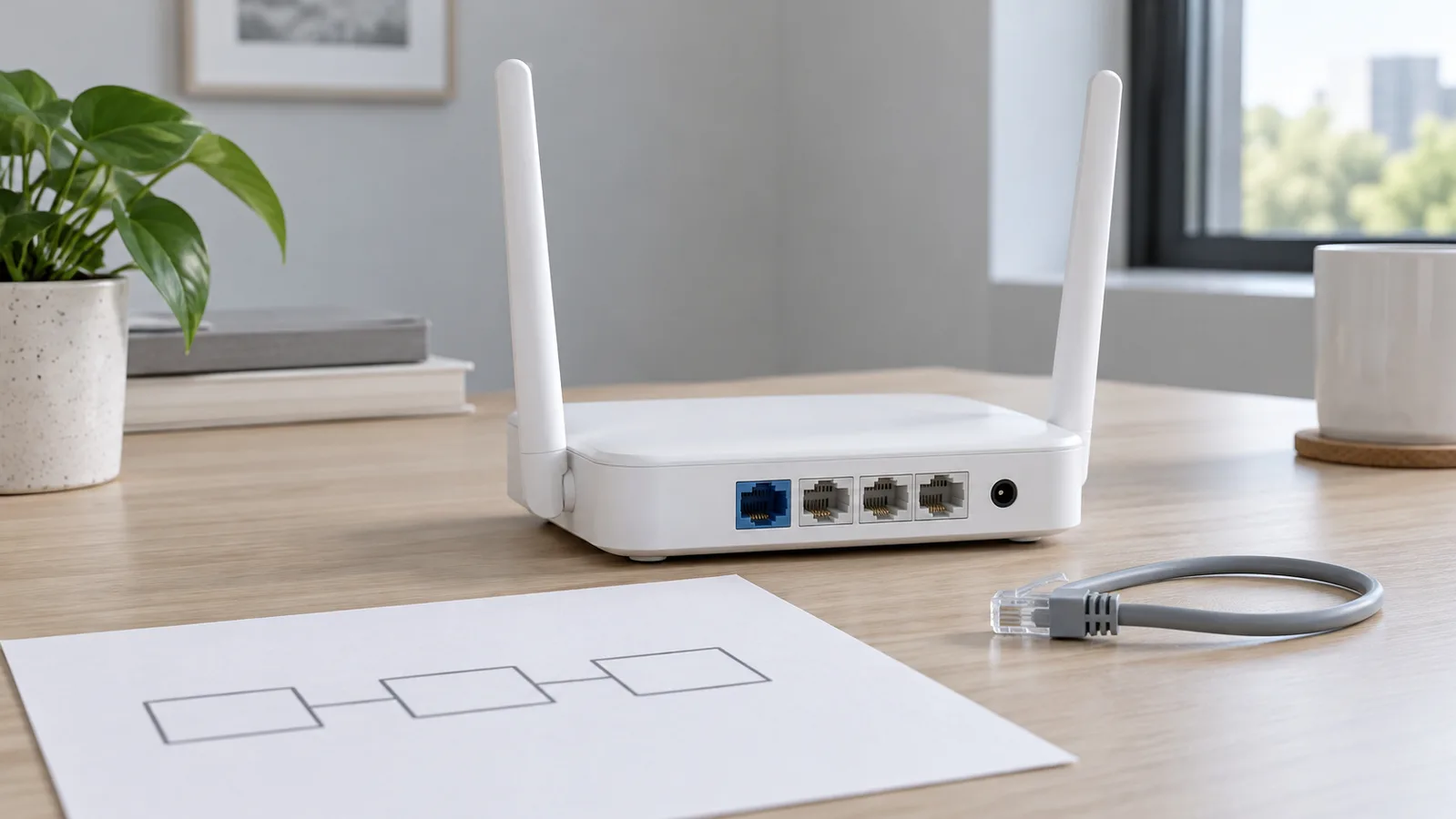 Белый настольный Wi-Fi-маршрутизатор другого производителя с видимыми портами Ethernet на задней панели рядом с простым эскизом сети