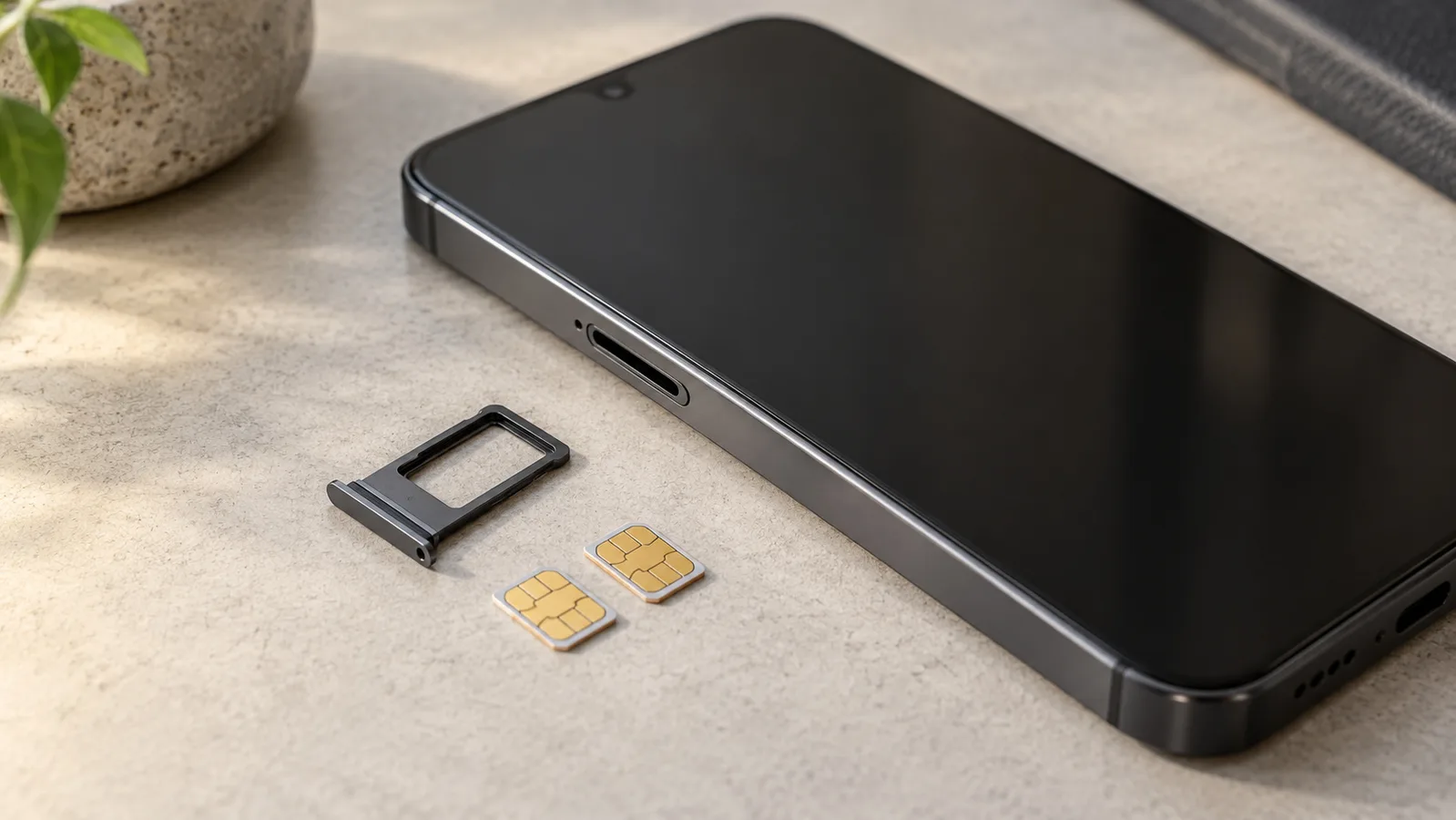 Смартфон другого производителя рядом с отдельным лотком для SIM-карты и двумя SIM-картами, что свидетельствует о поддержке физических карт.